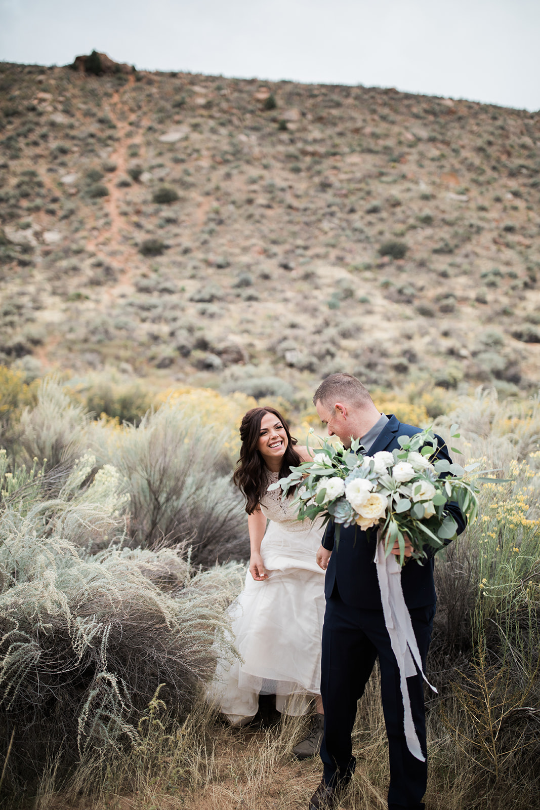 bride and groom portrait in Zion National Park with mountain views