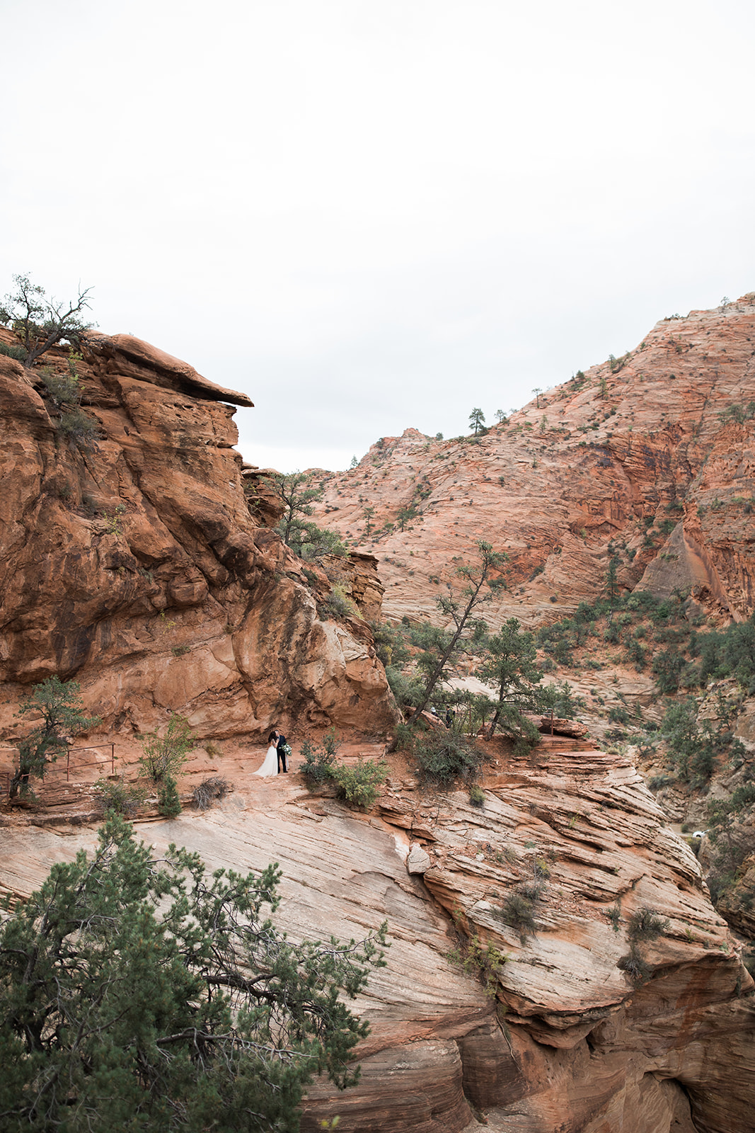 bride and groom tiny among the beautiful Zion desert landscape