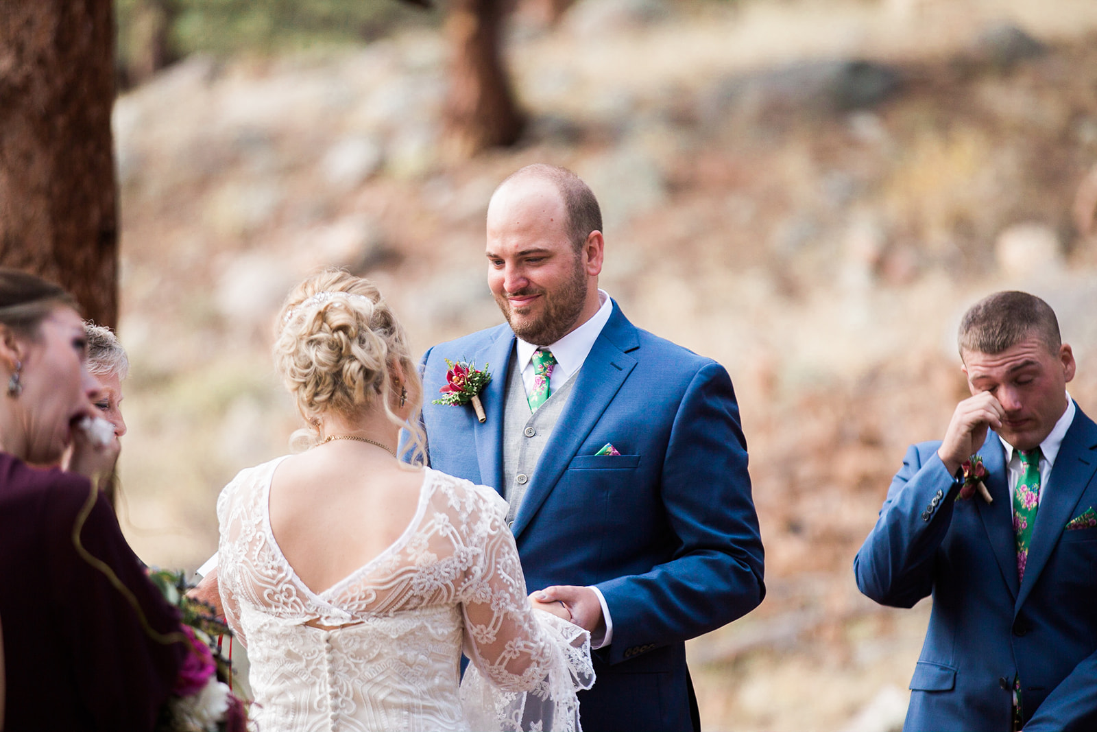 bride and groom in elopement ceremony, rocky mountain national park colorado