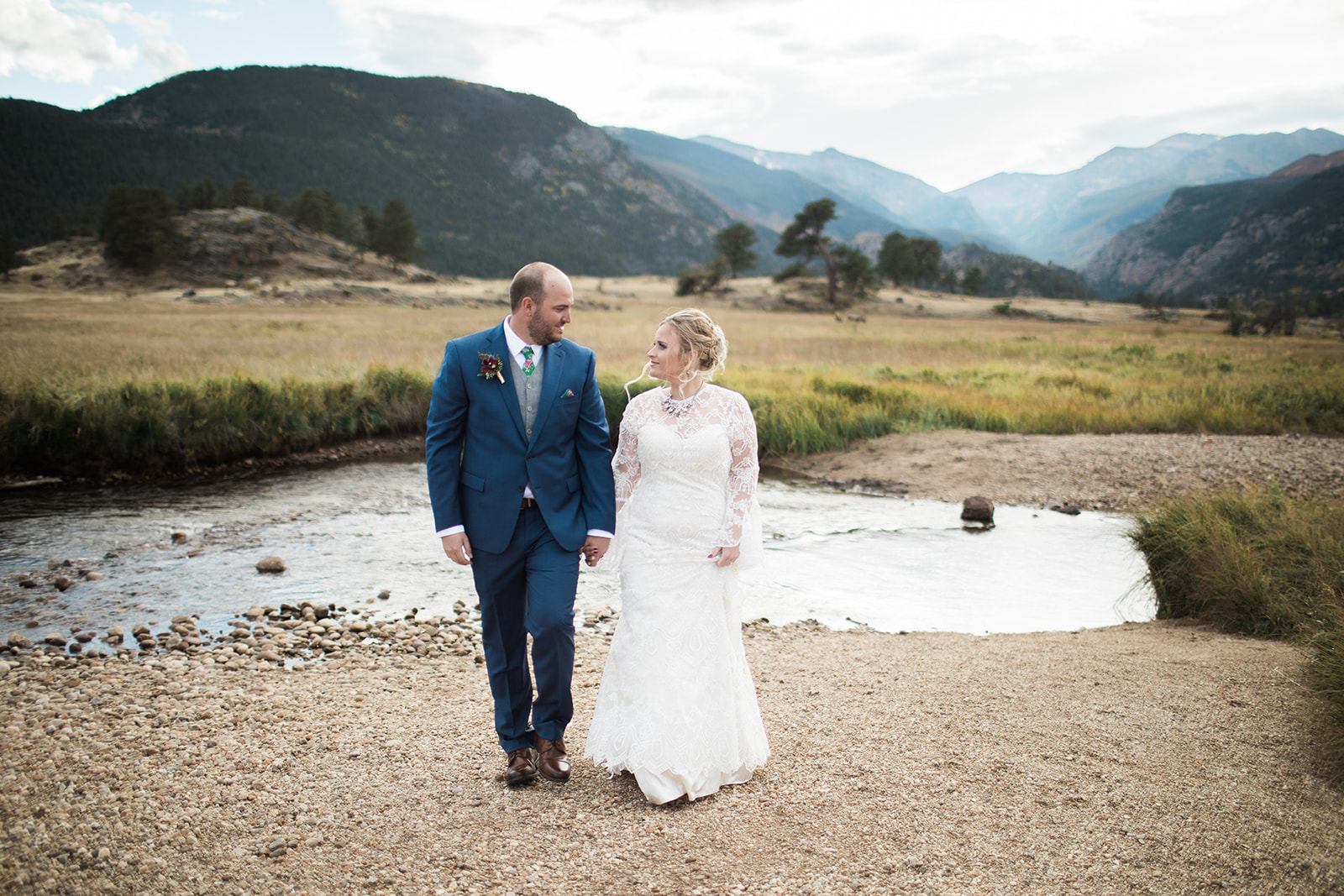 bride and groom walk in front of stunning rocky mountain national park vista
