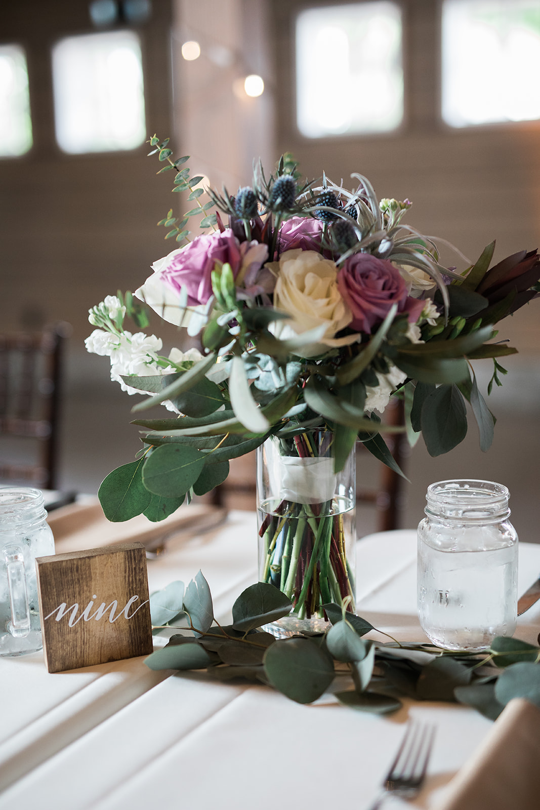 bouquet on table at reception