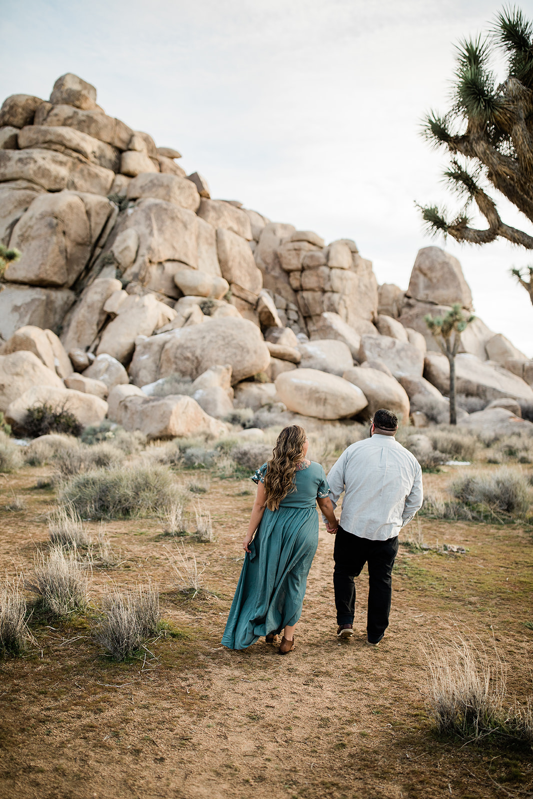 couple walks between a Joshua tree and rocks