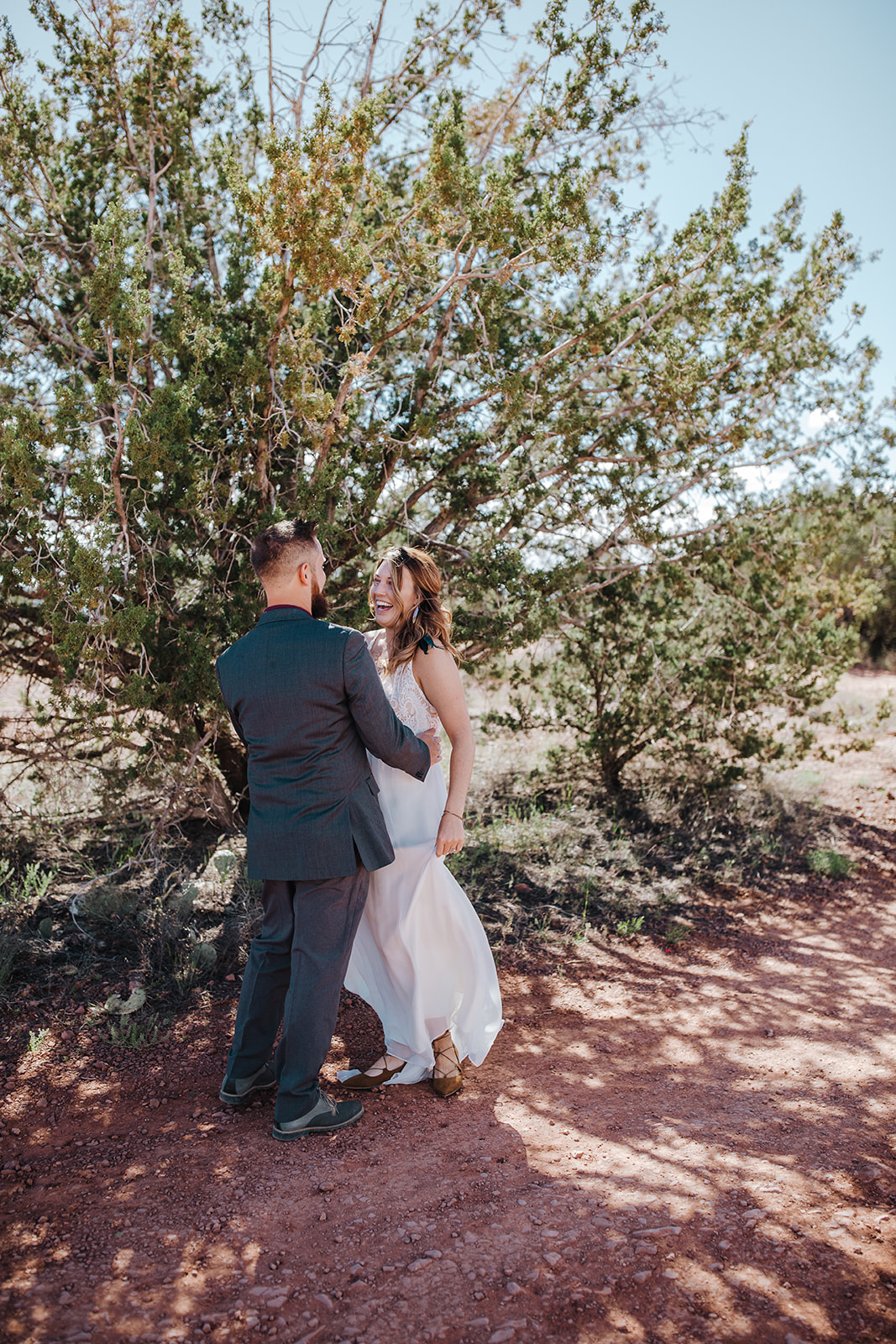 bride and groom first look in the Arizona desert