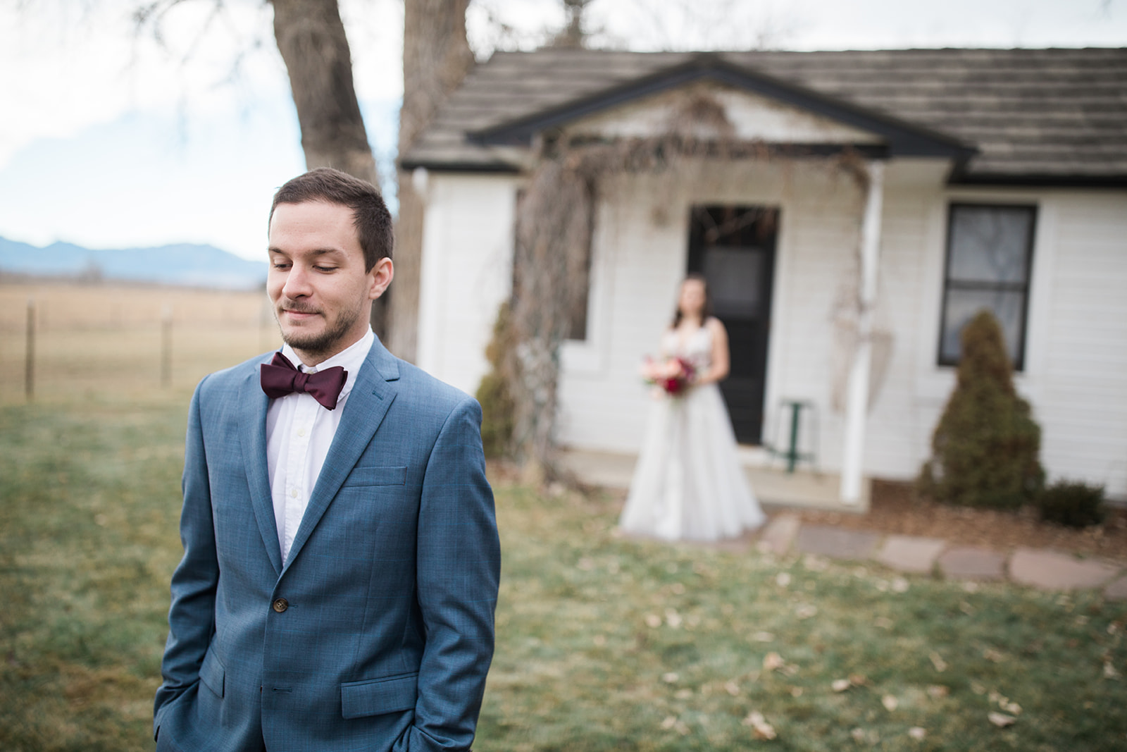 bride and groom's first look before Colorado mountain elopement