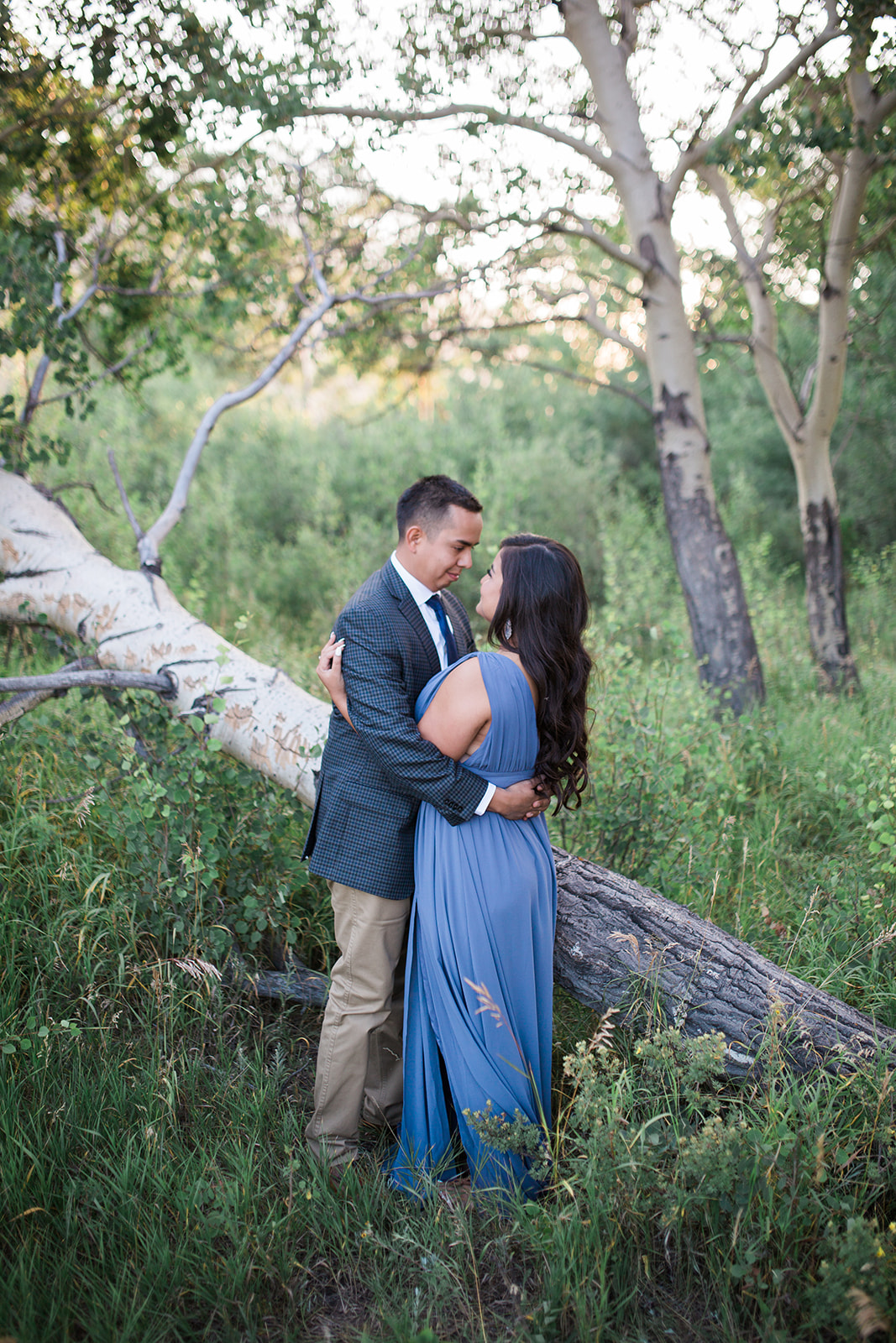 engaged couple posing in gorgeous Colorado mountain woods