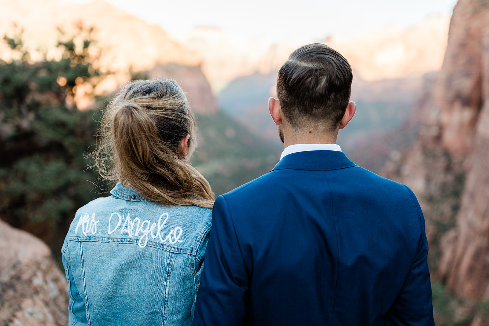 bride with specialized jean jacket