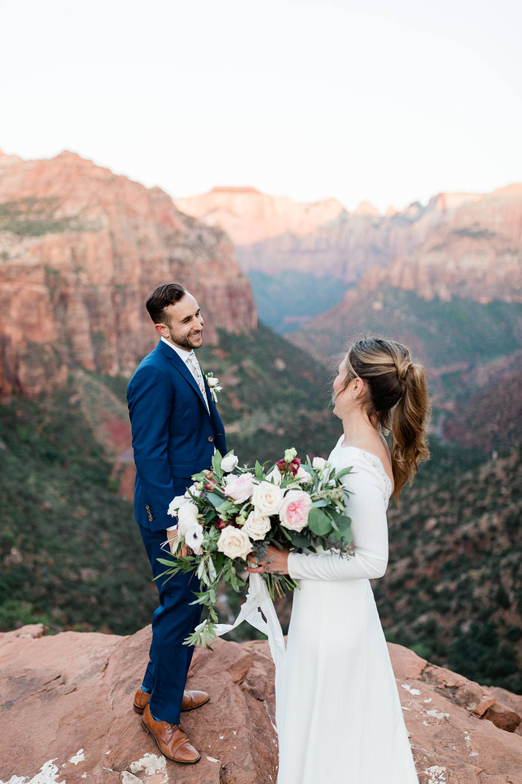 Zion elopement groom sees bride for first time 