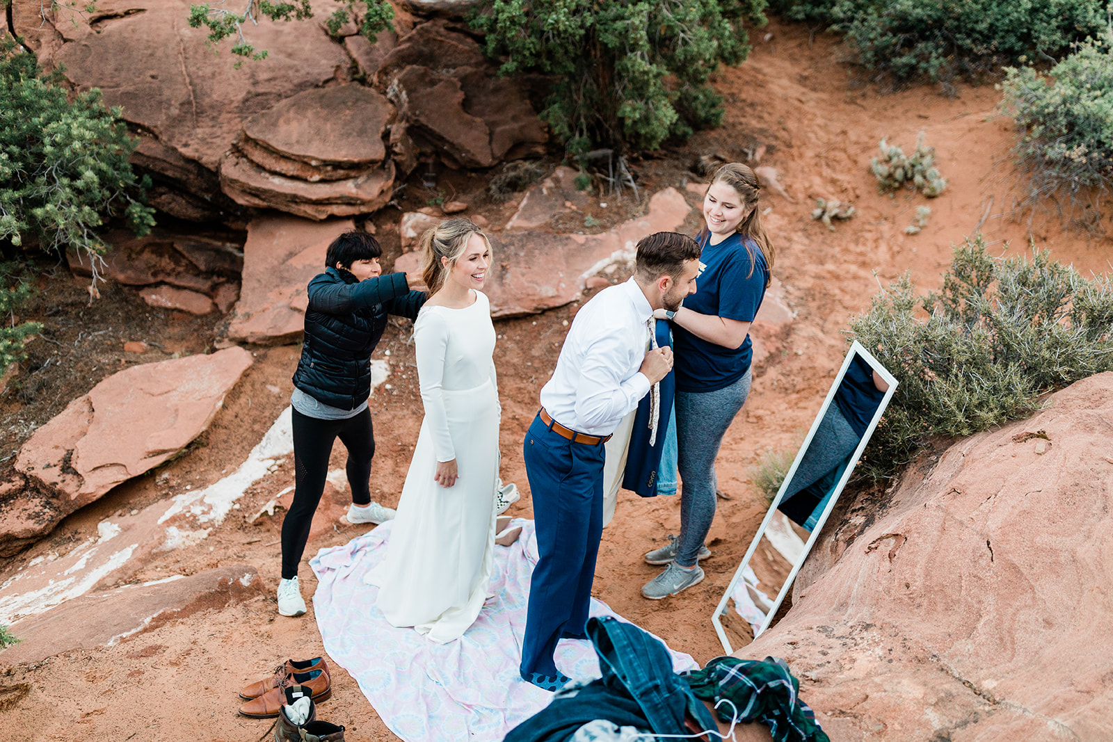 Kate and Nick get ready for their elopement in Zion National Park