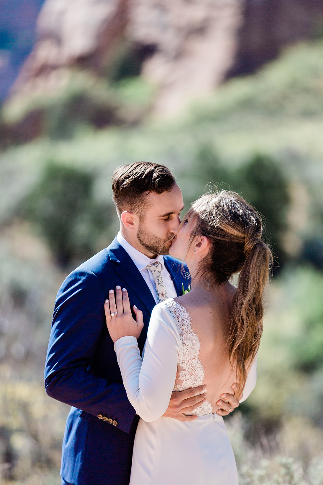 bride and groom first kiss after Zion elopement ceremony