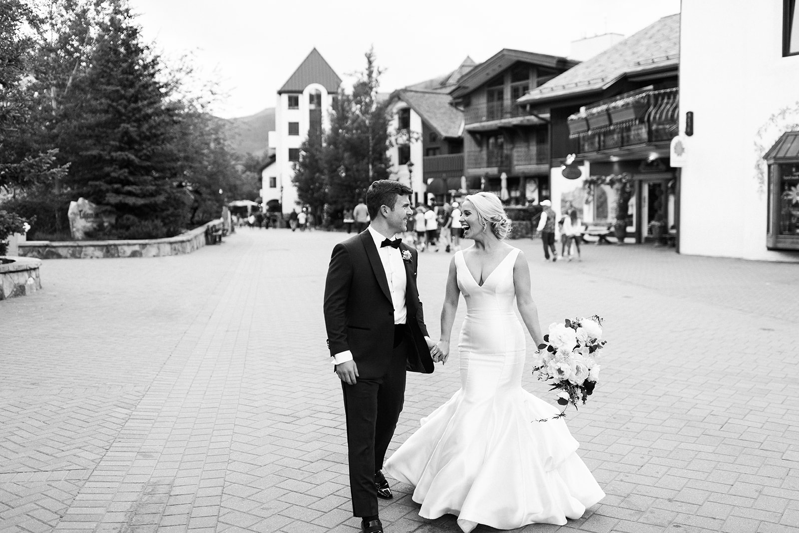 bride and groom portraits in downtown Vail Colorado
