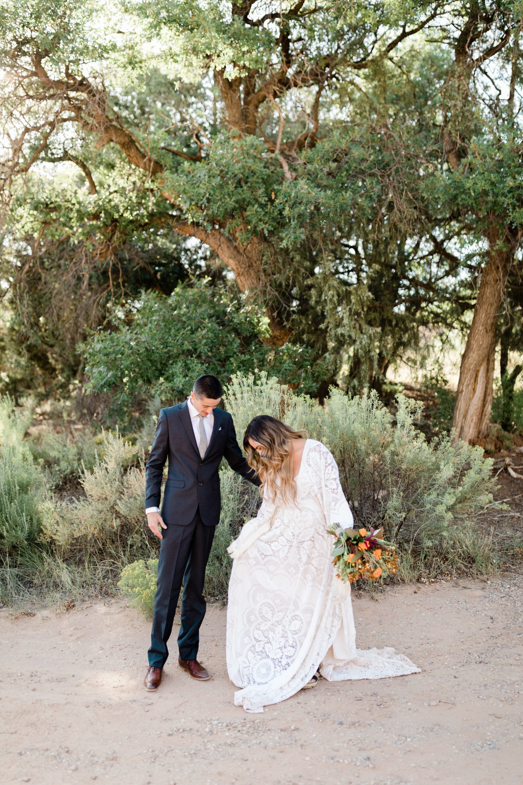 bride and groom first look at Ghost Ranch in New Mexico