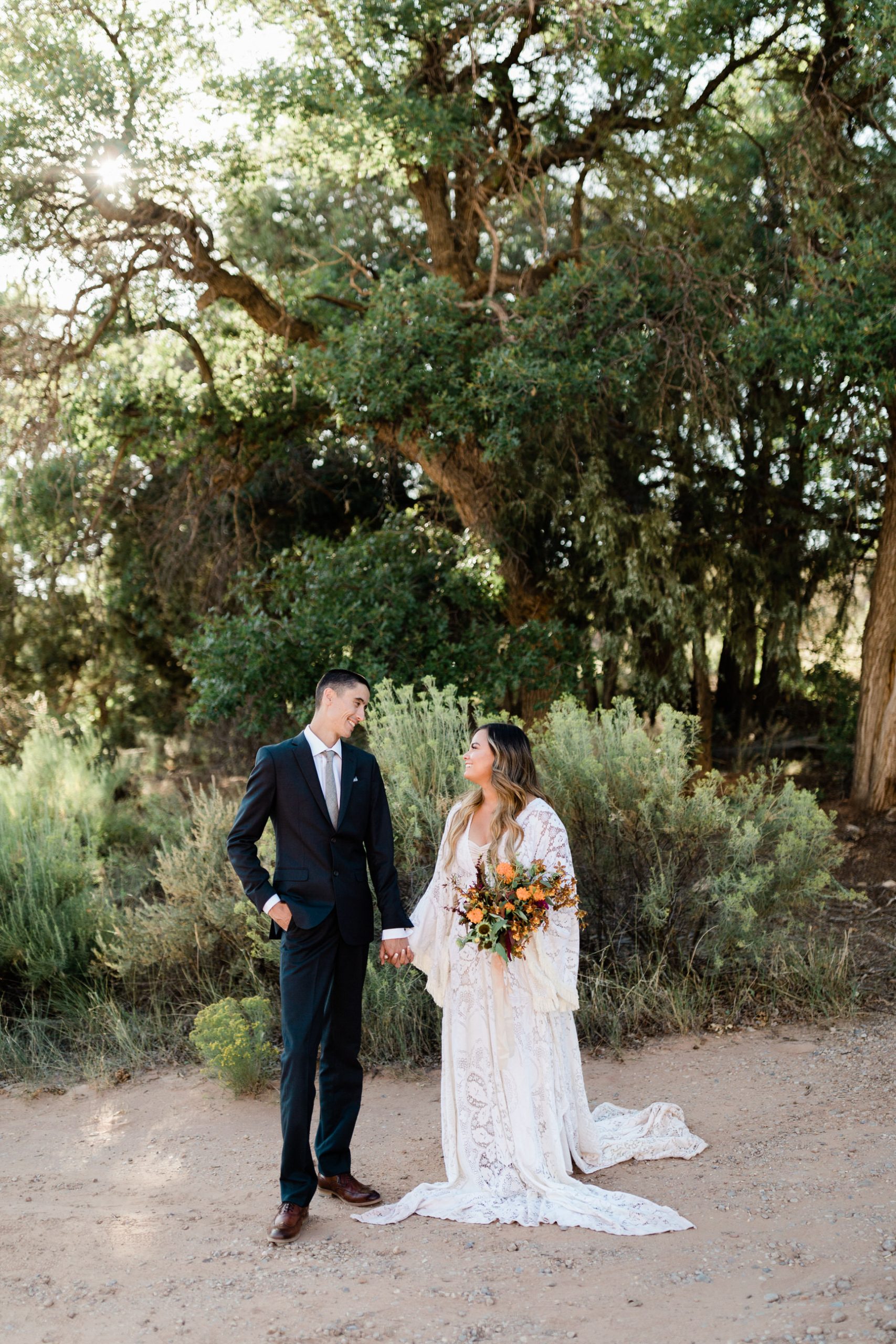 bride and groom first look at Ghost Ranch in New Mexico