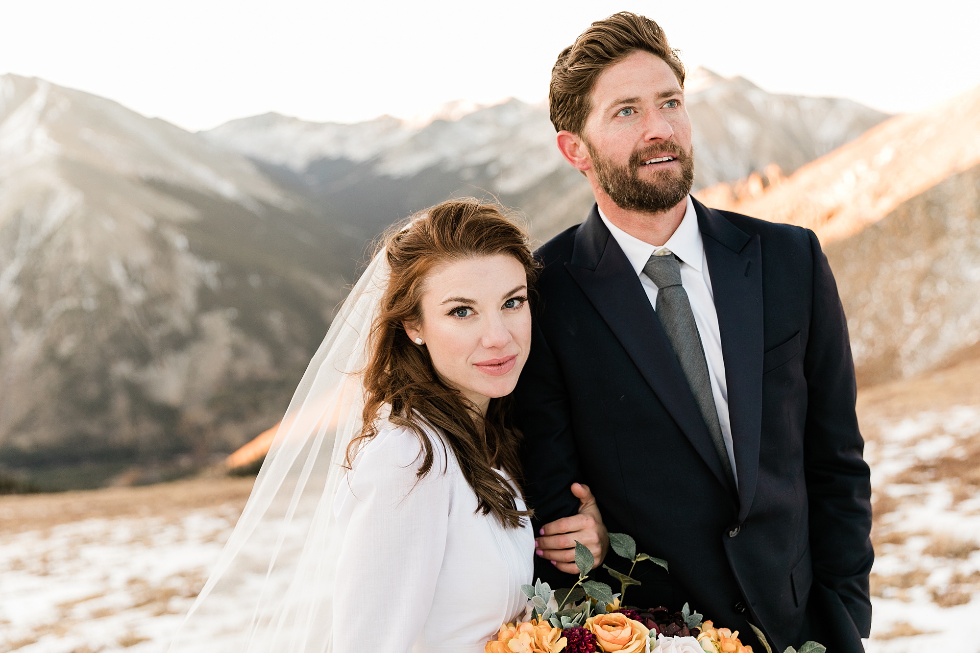 bride and groom during mountain top elopement