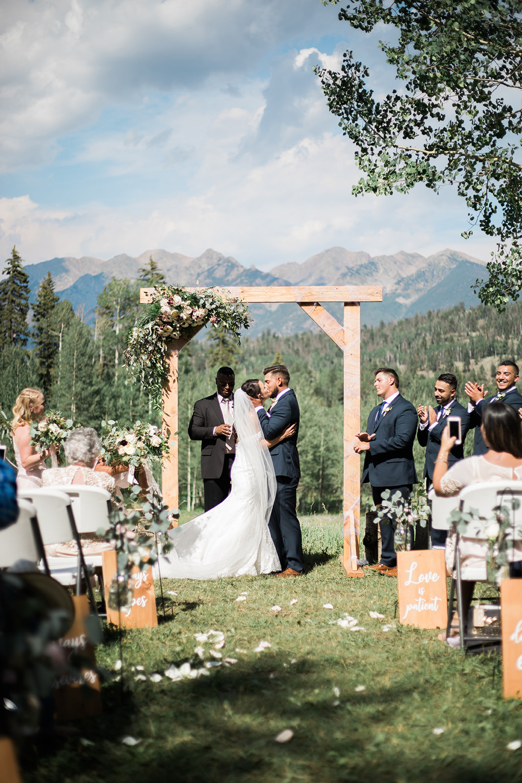 first kiss for bride and groom at Silverpick Lodge