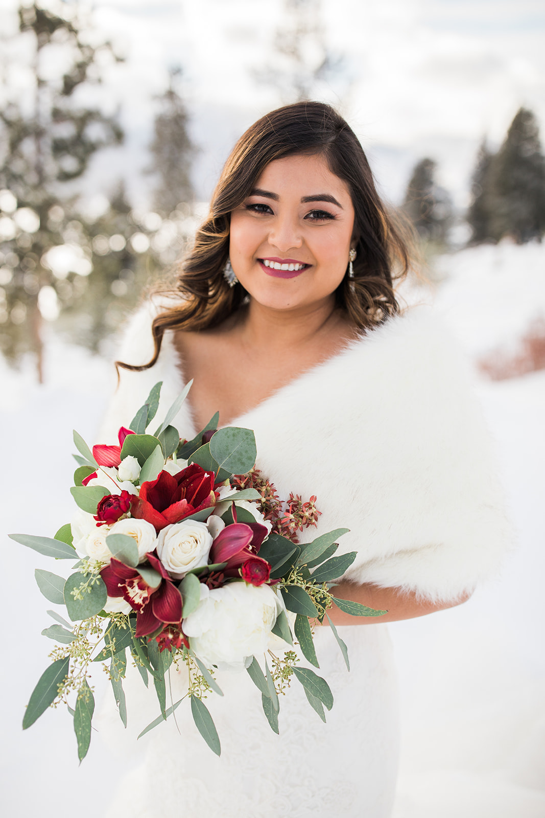 bride portrait in front of snowy Colorado mountain vista