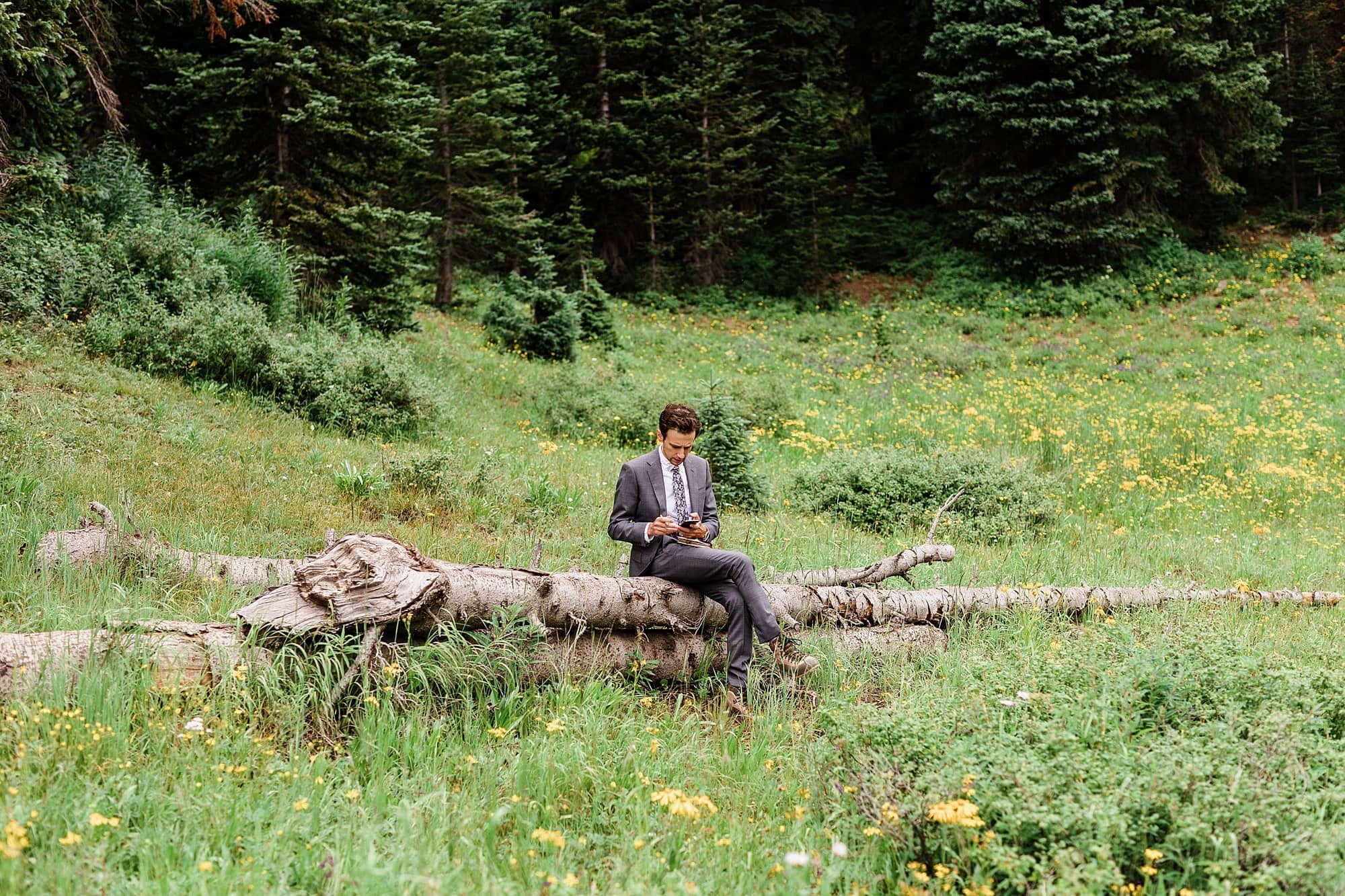 A man sits on a tree log in a meadow while writing vows before his wedding