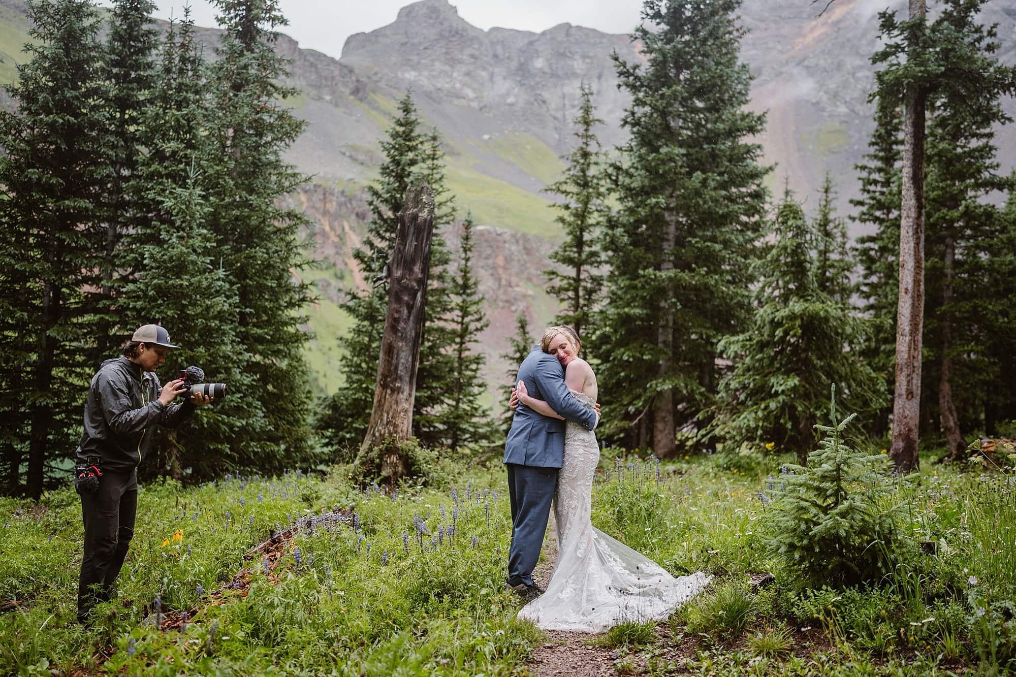 An elopement videographer captures a couple embracing during their elopement